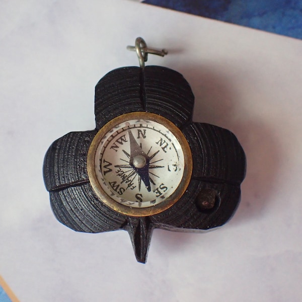 Antique Irish Carved Bog Oak Shamrock Stanhope Souvenir Compass Charm