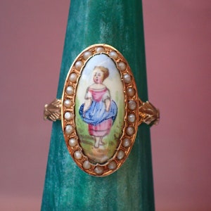 Rare Antique French 18ct Gold Pearl & Hand Painted Enamel Miniature Ring