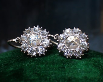 Antique Georgian French Silver & Foiled Paste Cluster Earrings, c1830