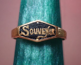 Vintage 18K Gold & Black Enamel 'Souvenir' Mourning Ring