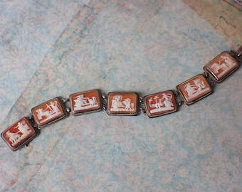 Vintage Italian Silver & Carved Natural Shell Days of the Week Cameo Bracelet