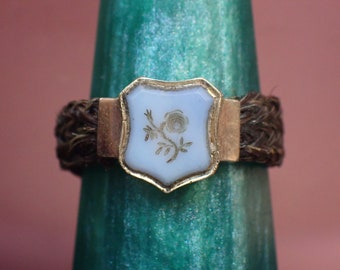 Antique Victorian Chalcedony Intaglio Rose Woven Hair Mourning Signet Ring
