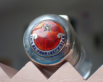 Antique Victorian Red Enamel & Diamond &quot;This Be Your Lucky Star&quot; Silver Topped Glass Bottle