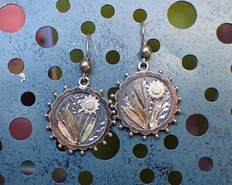 Antique Sterling Silver Floral Earrings, Movement Jewelry