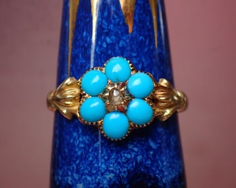 Pretty Antique Victorian 15ct Gold Turquoise & Diamond Flower Ring