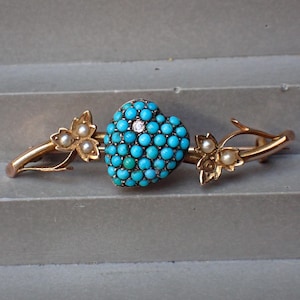 Pretty Antique 9ct Turquoise & Diamond Heart Brooch c1900