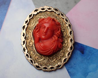 Bacchante Cameo Brooch, Antique Carved Coral Cameo Silver Gilt Pin, Statement Jewelry