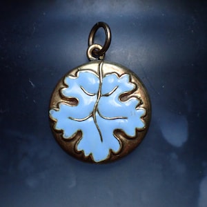 May include: A round pendant with a light blue leaf design set in a gold-colored metal frame. The pendant has a small loop at the top for a chain. The background is a dark, blurred surface.