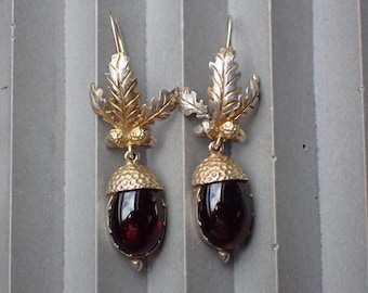 Victorian Garnet Acorn Earrings, Antique Silver Gilt Oak Leaf Drop Hook Earrings