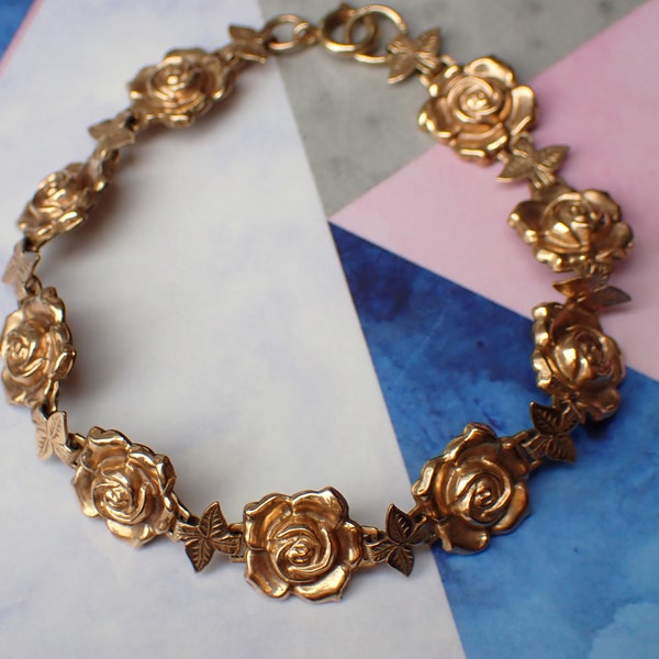Pretty Vintage 9ct Gold Rose Flower Link Bracelet