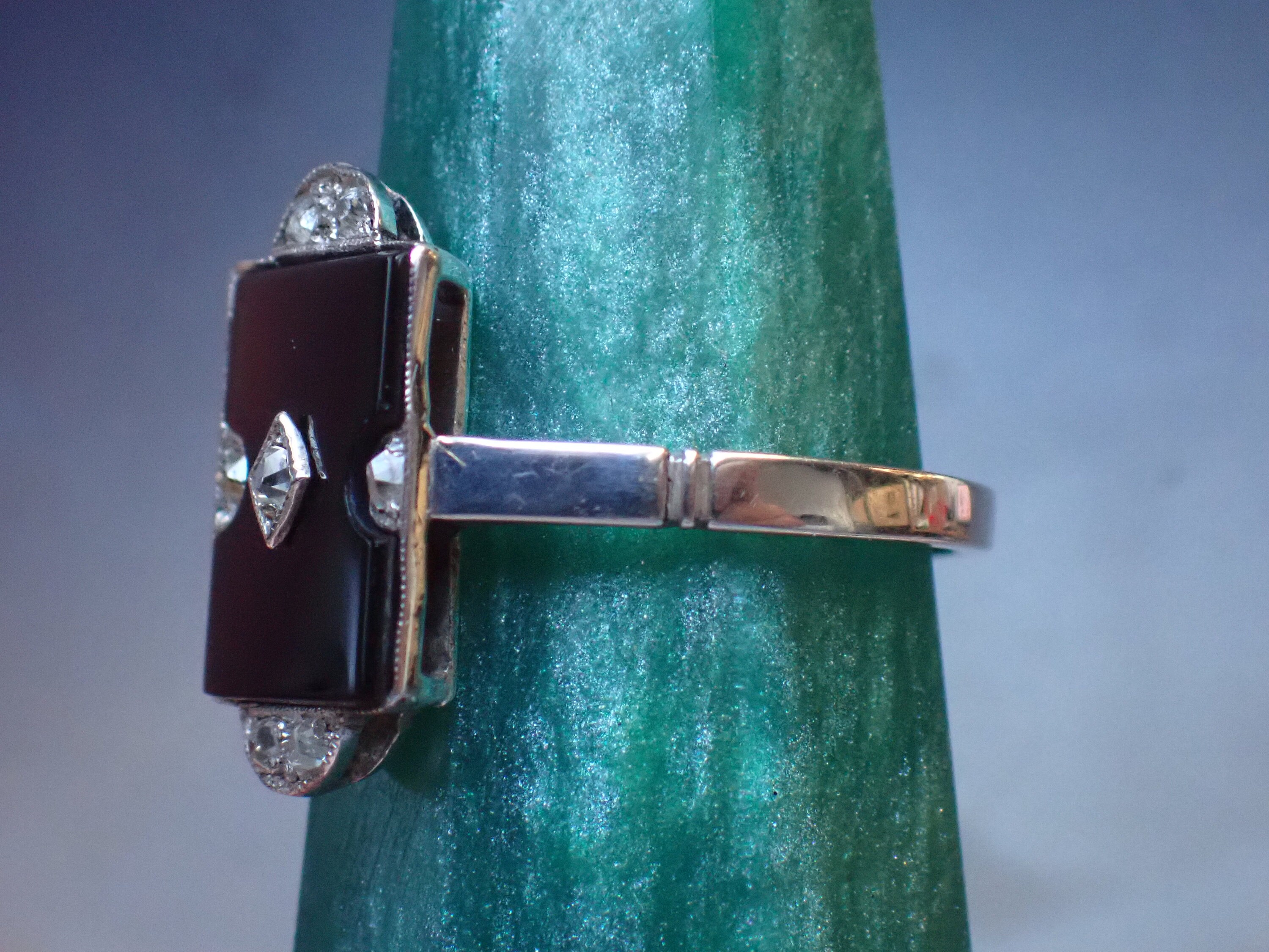 Bague Art Déco Or Blanc 18k, Onyx Et Diamant – Vintage Wilson Brothers – Taille 6