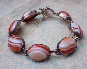 Vintage 1970's Sterling Silver Banded Carnelian Agate Bracelet