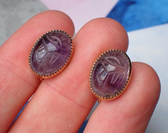 Vintage Amethyst Scarab Earrings, Carved Beetle Gold Filled Screw Backs by Admark