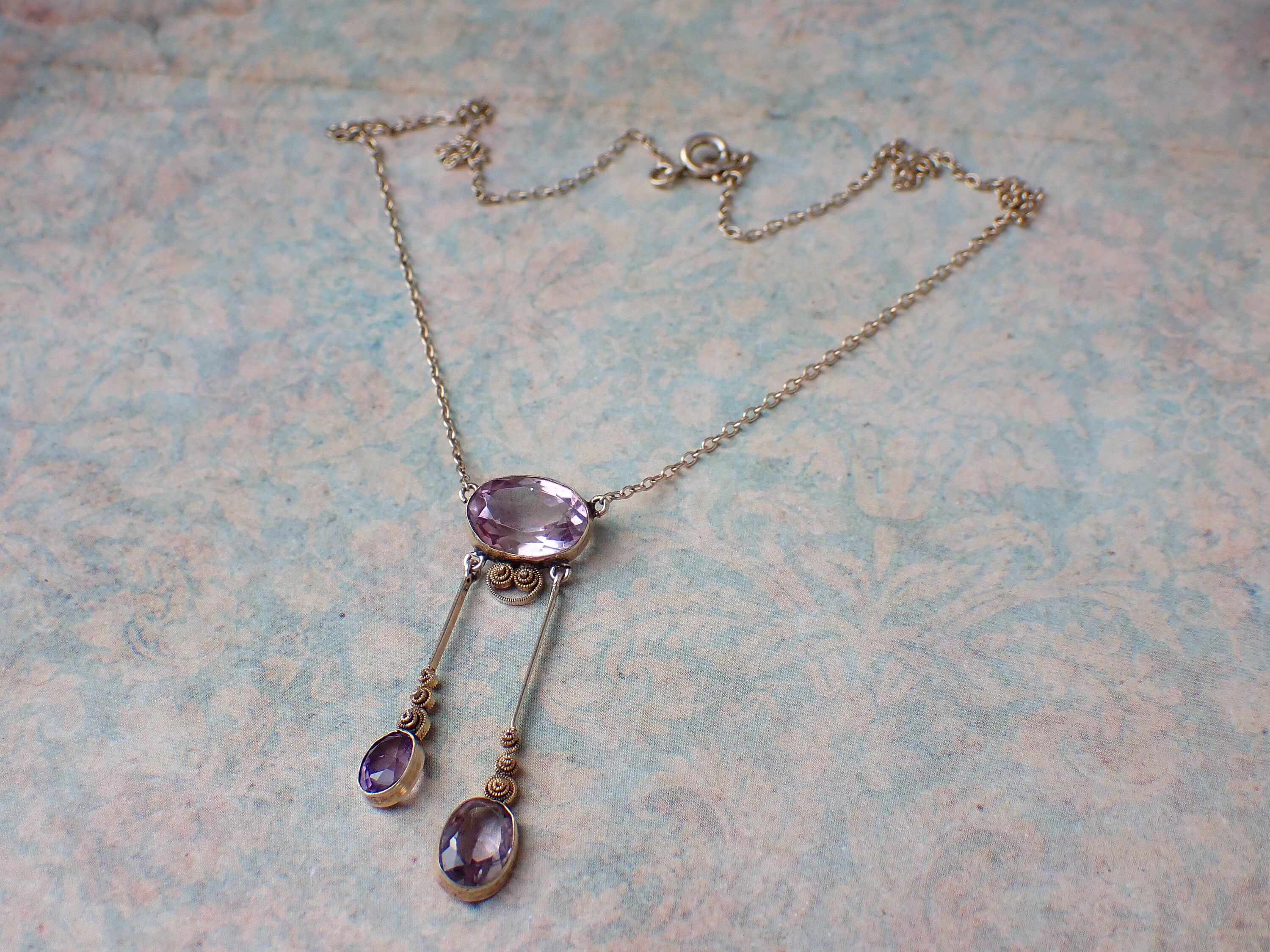 Collier Négligé Ancien En Argent Massif Avec Améthyste - Bijou Vintage, Occasion