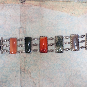 Wide Antique Victorian Scottish Silver & Agate Panel Bracelet