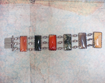 Wide Antique Victorian Scottish Silver & Agate Panel Bracelet
