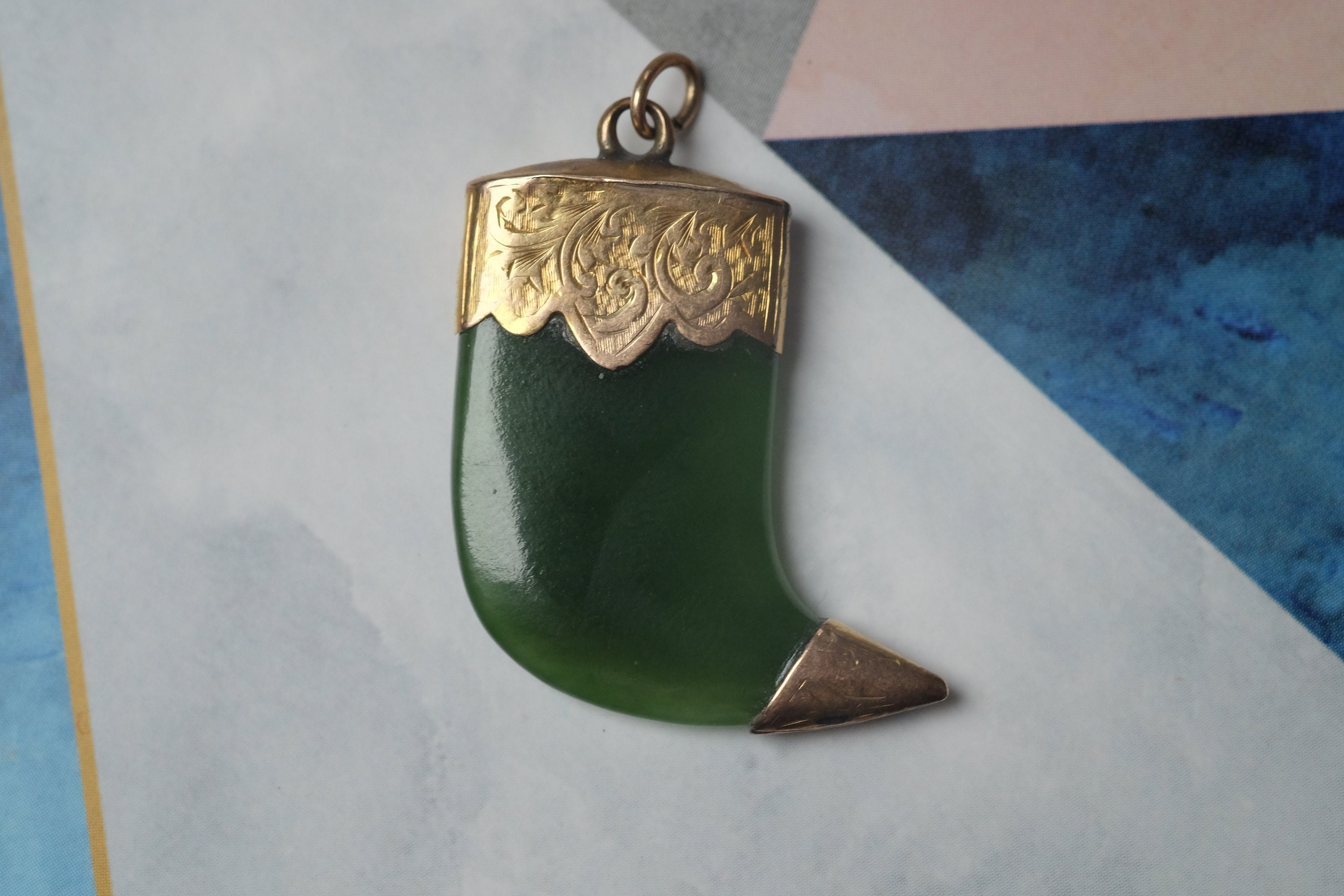 Antique Late Victorian Gold & Nephrite Tiger Claw Pendant, Circa 1900 