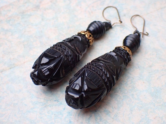 Antique Victorian Carved Whitby Jet Drop Earrings - image 6