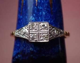 Antique Art Deco 18ct Gold & Platinum Geometric Diamond Square Cluster Ring