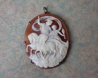 Antique Cameo Pendant, Victorian Carved Shell Chariot Horses Statement Jewelry