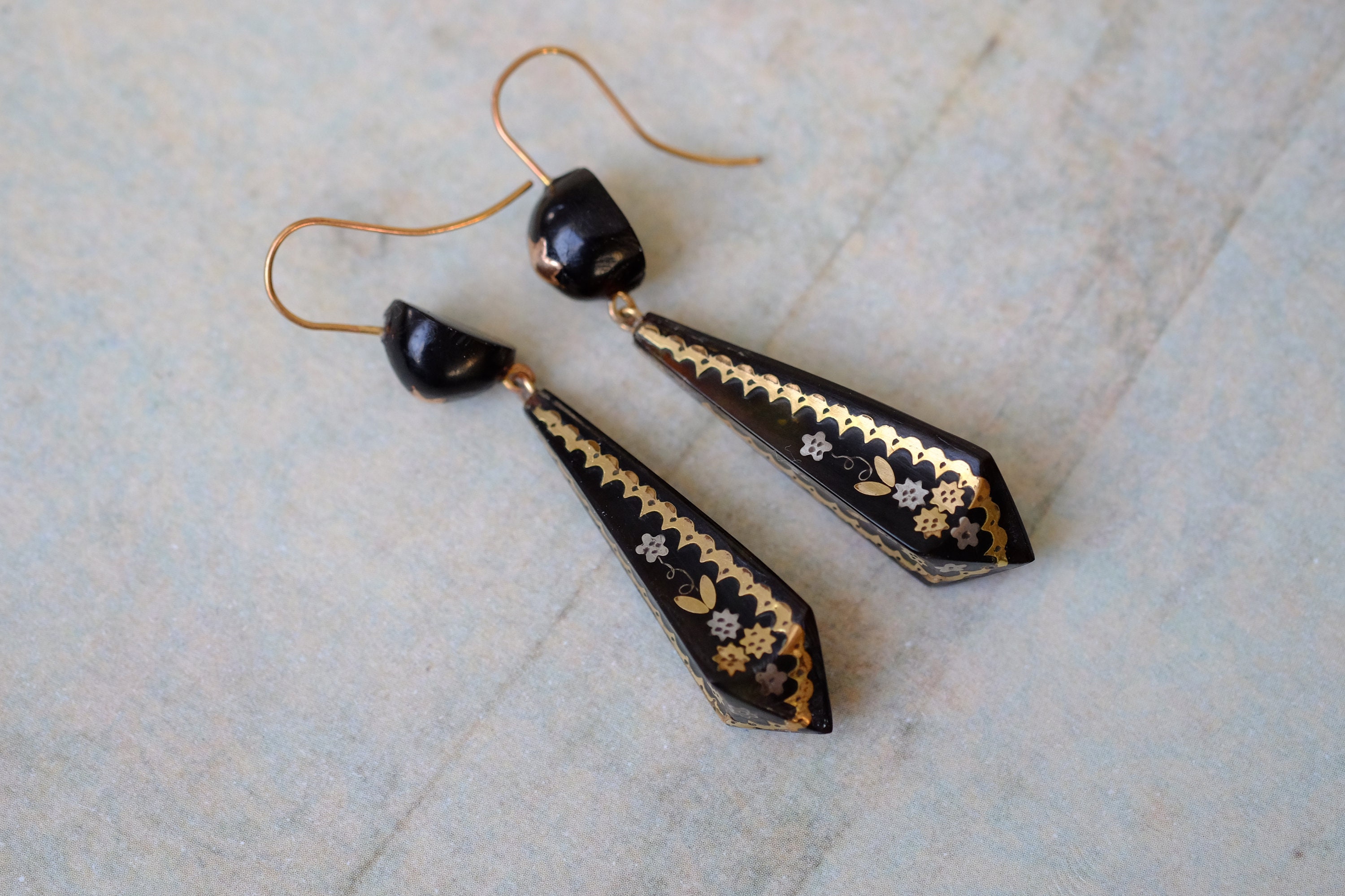 Antique Victorian Shell Gold Silver Piqu Drop Earrings Circa