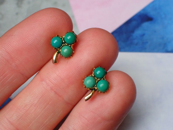Pretty Antique 9ct Gold Natural Turquoise Trefoil… - image 1