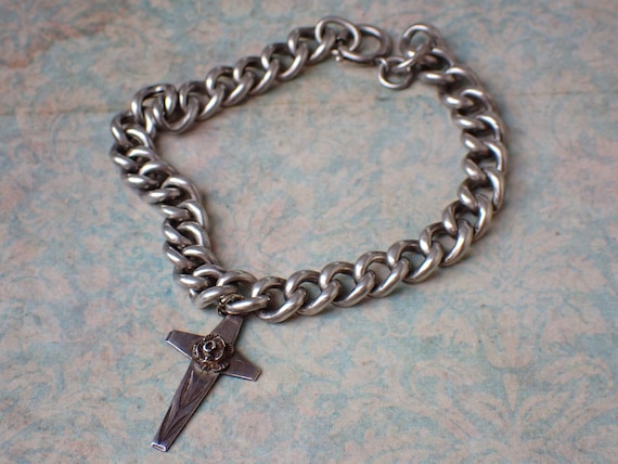 Antique Silver Curb Link Bracelet & WWI Poppy Cro… - image 2