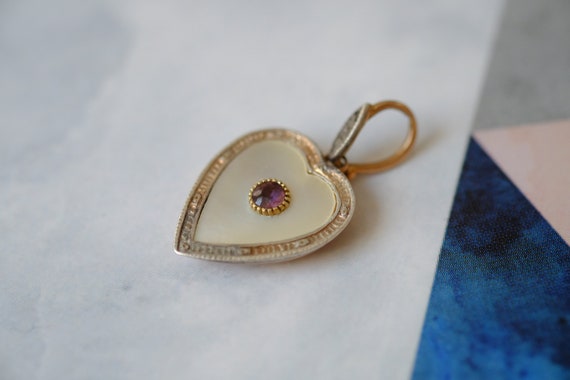 Antique Gold Silver Mother of Pearl & Amethyst He… - image 3