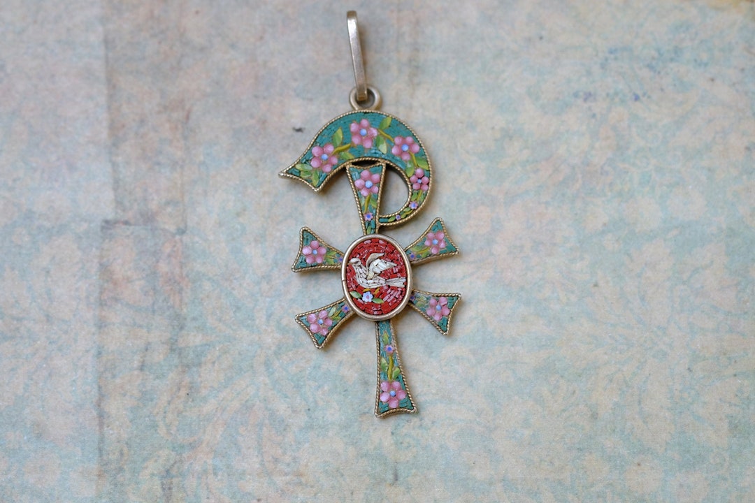 Antique Victorian Italian Silver Micro Mosaic Chi Rho & Dove Pendant ...