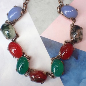Pretty Vintage Scottish Silver Multi Gem Agate Chain Necklace