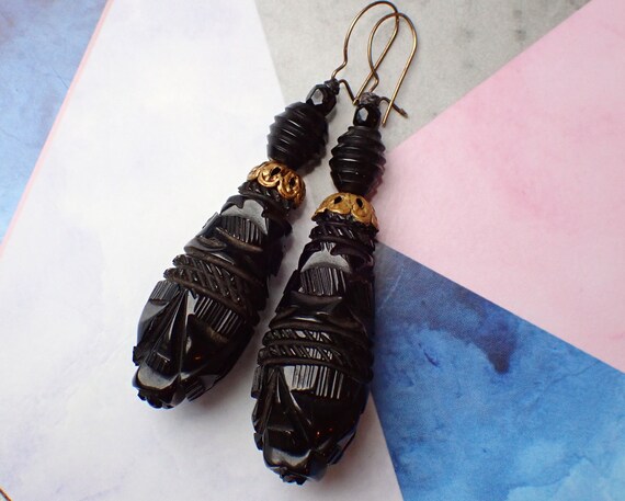 Antique Victorian Carved Whitby Jet Drop Earrings - image 1