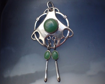 Vintage Art Nouveau Style Sterling Silver & Green Chalcedony Pendant