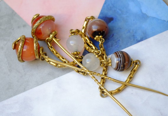 Unusual Antique Victorian Gilt Snakes & Agate Clo… - image 1