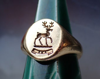Vintage Scottish 9ct Gold Stag "Amo" / "I Love" Signet Ring