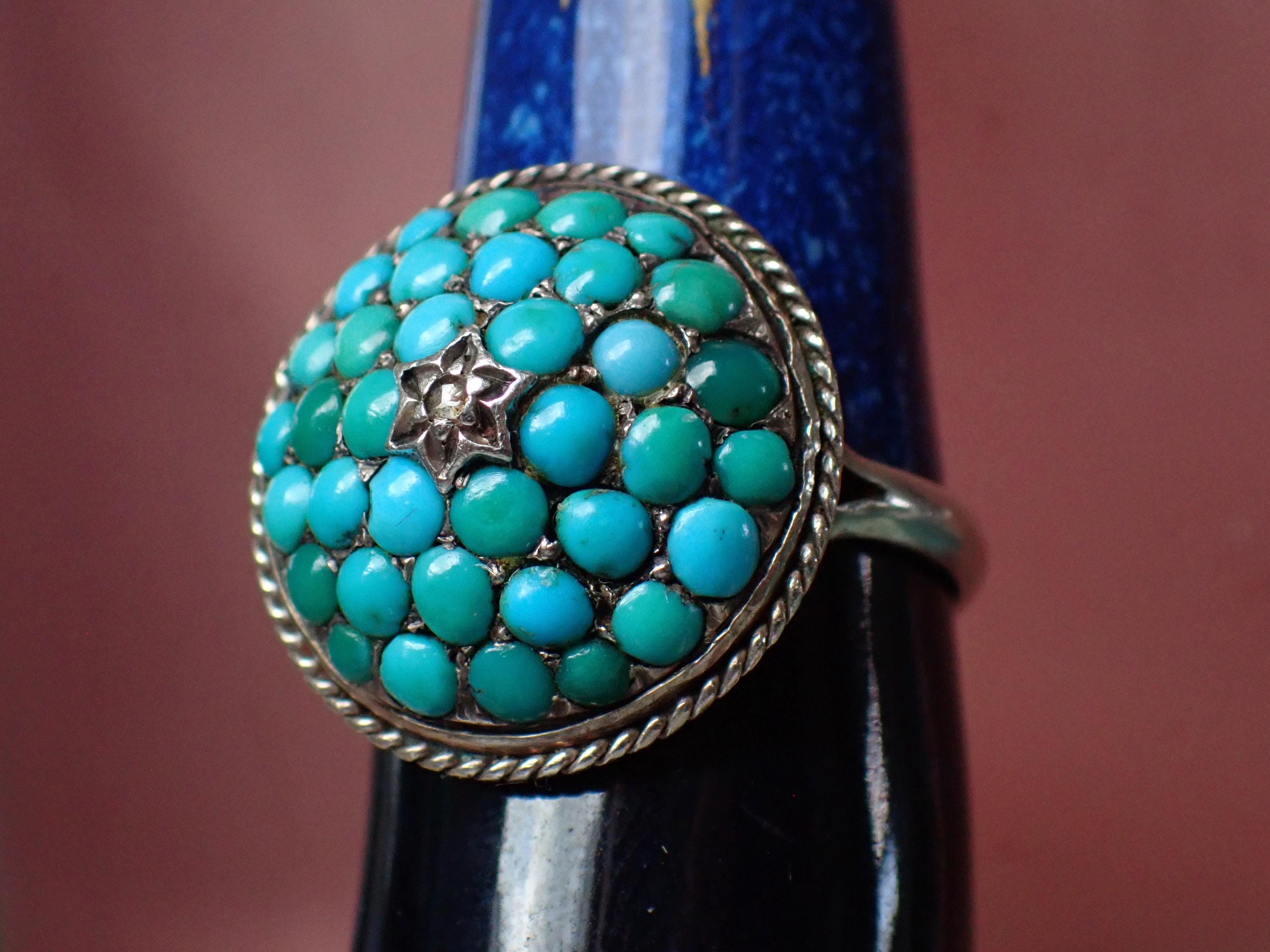 Antique Silver Pavé Turquoise & Rose Cut Diamond Bombé Ring