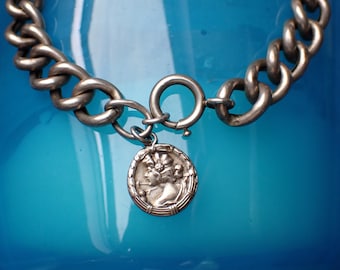 Silver Curb Link Bracelet, Antique European Art Nouveau Charm Bracelet