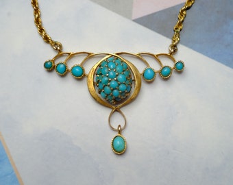 Pretty Vintage Art Nouveau 9ct Gold & Turquoise Cluster Necklace