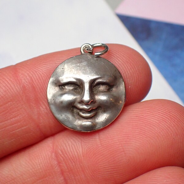 Vintage Silver Smiling Man In The Moon Charm Pendant