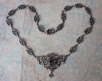 Vintage German Silver & Black Glass Necklace