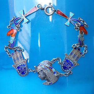 Antique Art Deco Silver & Enamel Egyptian Revival Souvenir Bracelet