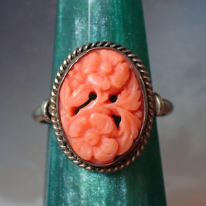 Vintage Silver Carved Coral Flower Cameo Ring