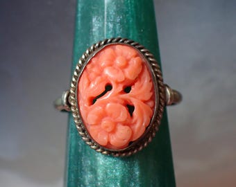 Vintage Silver Carved Coral Flower Cameo Ring
