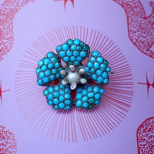 Petite Antique European Silver Turquoise & Pearl Pansy Flower Brooch