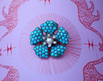 Antique Turquoise Flower Brooch, Silver Pansy, Pearl Statement Pin