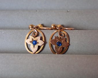 Sapphire Paste Earrings, Antique 9K Gold Ivy Leaf Drops, Victorian Sentimental Jewelry