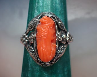 Antique Art Nouveau Silver & Carved Coral Psyche Cameo Ring