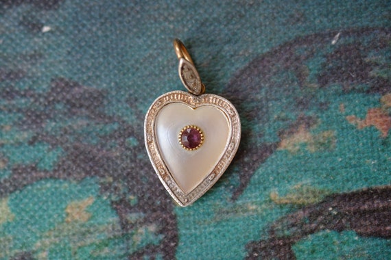 Antique Gold Silver Mother of Pearl & Amethyst He… - image 1