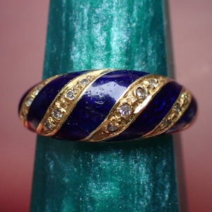 Vintage 1970&#39;s 18ct Gold Diamond & Blue Enamel Swirl Ring