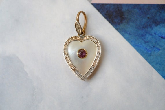 Antique Gold Silver Mother of Pearl & Amethyst He… - image 2