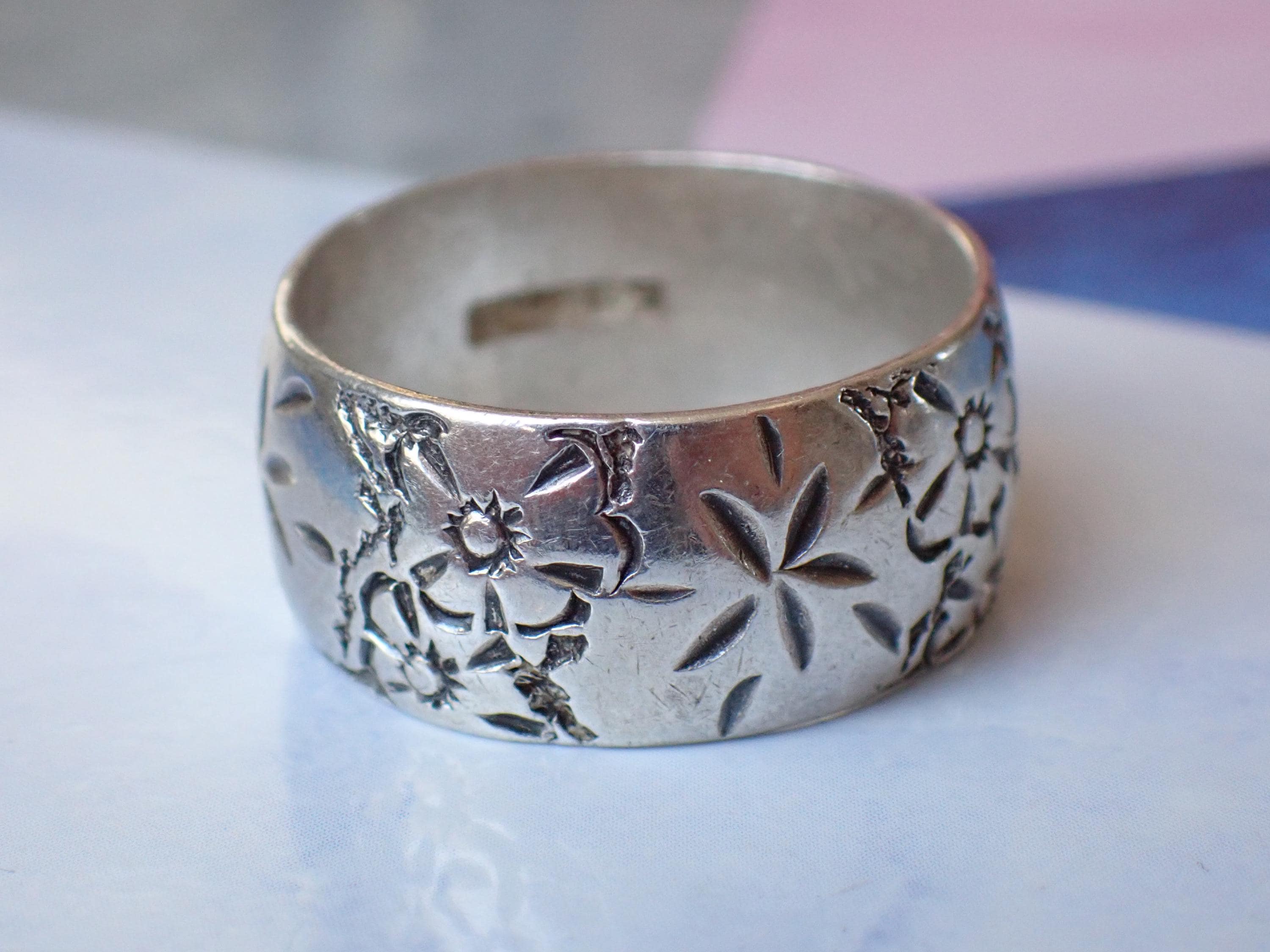 Vintage 1970's Sterling Silver Engraved Flower Wide Band Ring - Etsy